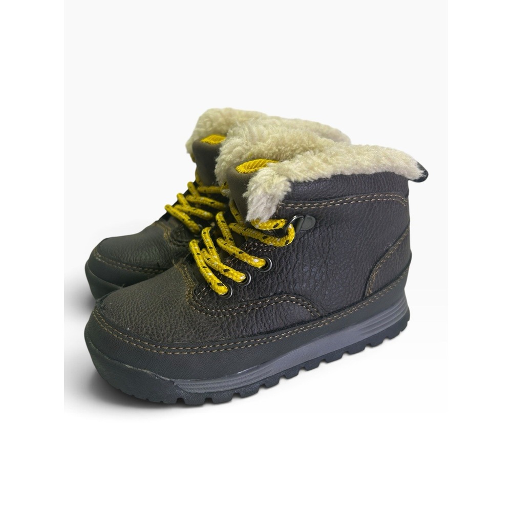 Carter's Spike Toddler Boy Alpine Winter Boots Dark Brown Yellow Size 8 Faux Fur